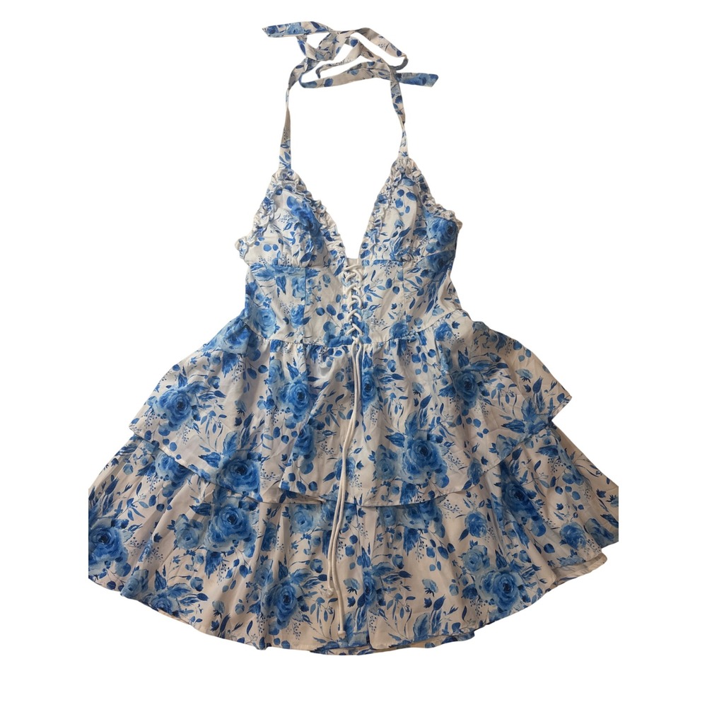 SHEIN Halter Dress Women L Blue Excellent Floral Tiered Ruffle Lace Up‎ Smocked